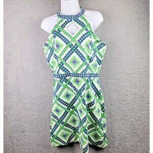 Gretchen Scott Dress Womens Small Green Blue White Geometric Sleeveless Keyhole